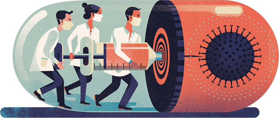 Doctors inside pill capsule fighting virus with syringe Doctors inside pill capsule fighting virus with syringe illustration