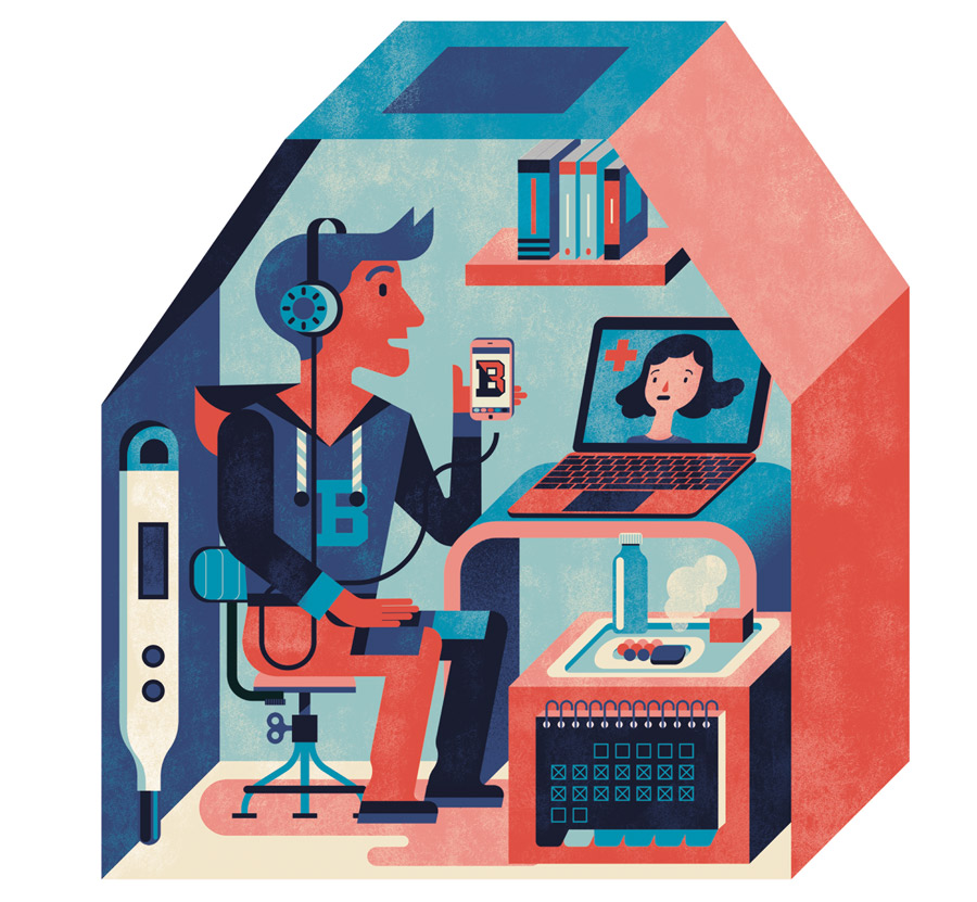 Man video chatting with woman illustration