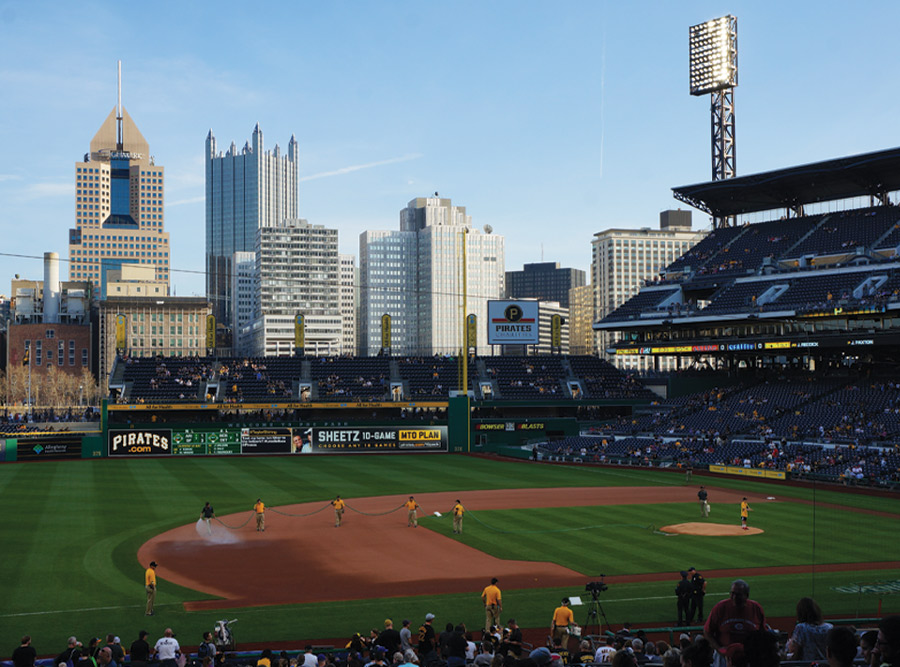 The Pittsburgh Pirates play on the field McKnight installed Wide view of Pittsburgh Pirates PNC Park