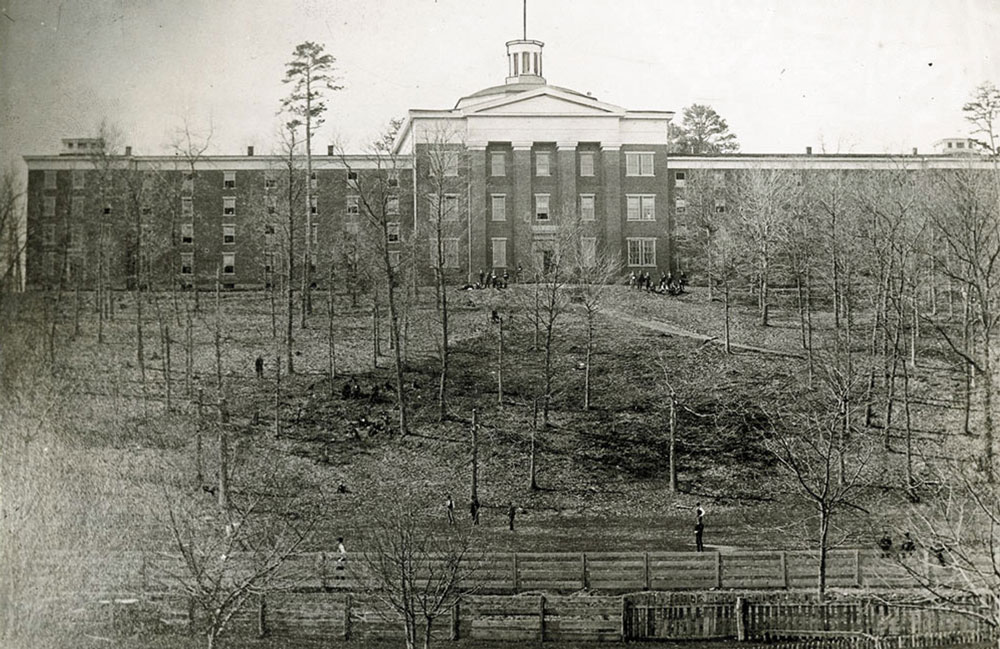 An early view of Old Main (Roberts Hall) An early view of Old Main (Roberts Hall), which, when completed in the 1850s, was one of the largest college buildings in the nation.