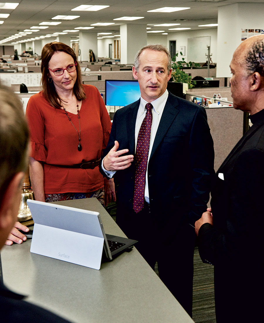 Don Shacknai ’83 confers with Suzanne Krudener, senior business analyst, and Raj Shekaran, chief enterprise architect Don Shacknai ’83 confers with Suzanne Krudener, senior business analyst, and Raj Shekaran, chief enterprise architect, about future plans for affordable housing