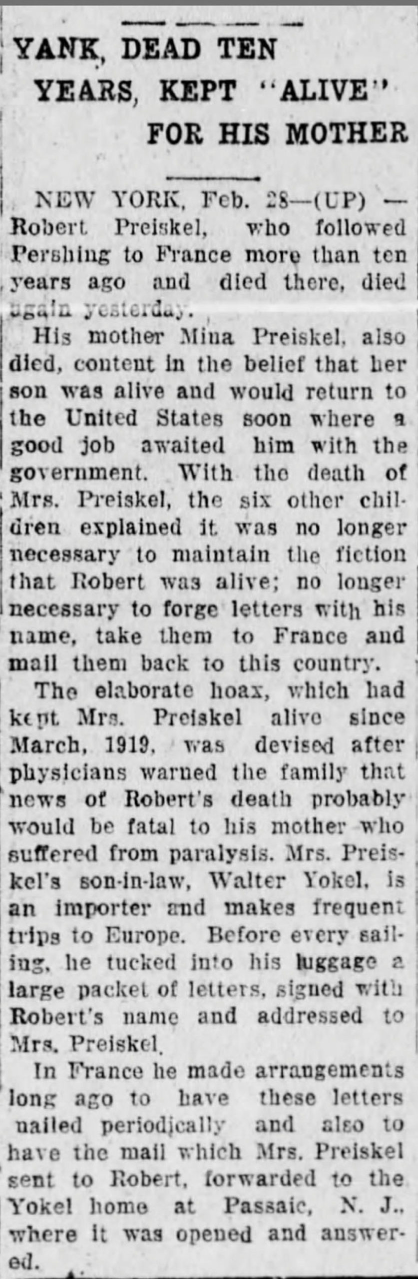 Yank Dead Ten Years Kept "Alive" for his Mother newspaper article clipping
