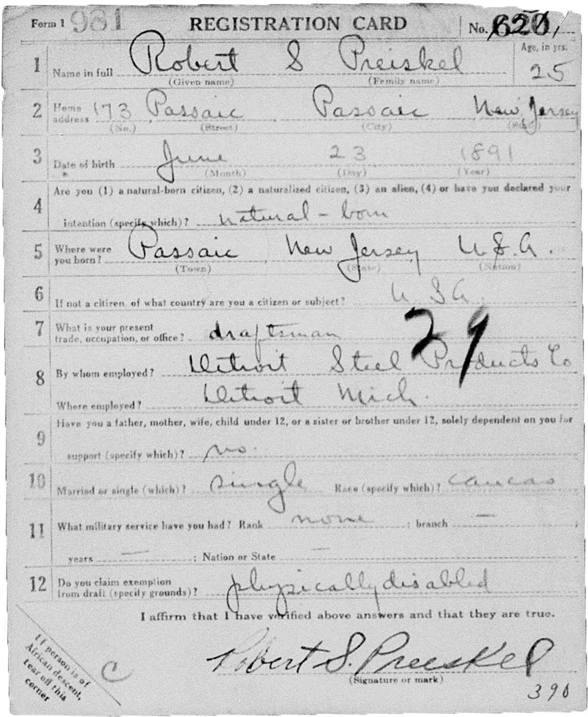 Robert Preiskel registration card Robert Preiskel, Class of 1915 registration card