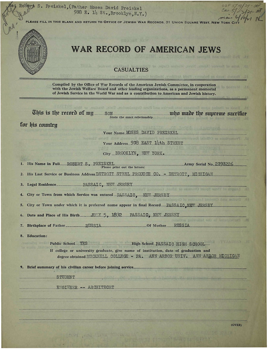 Robert Preiskel war record Robert Preiskel, Class of 1915, war record