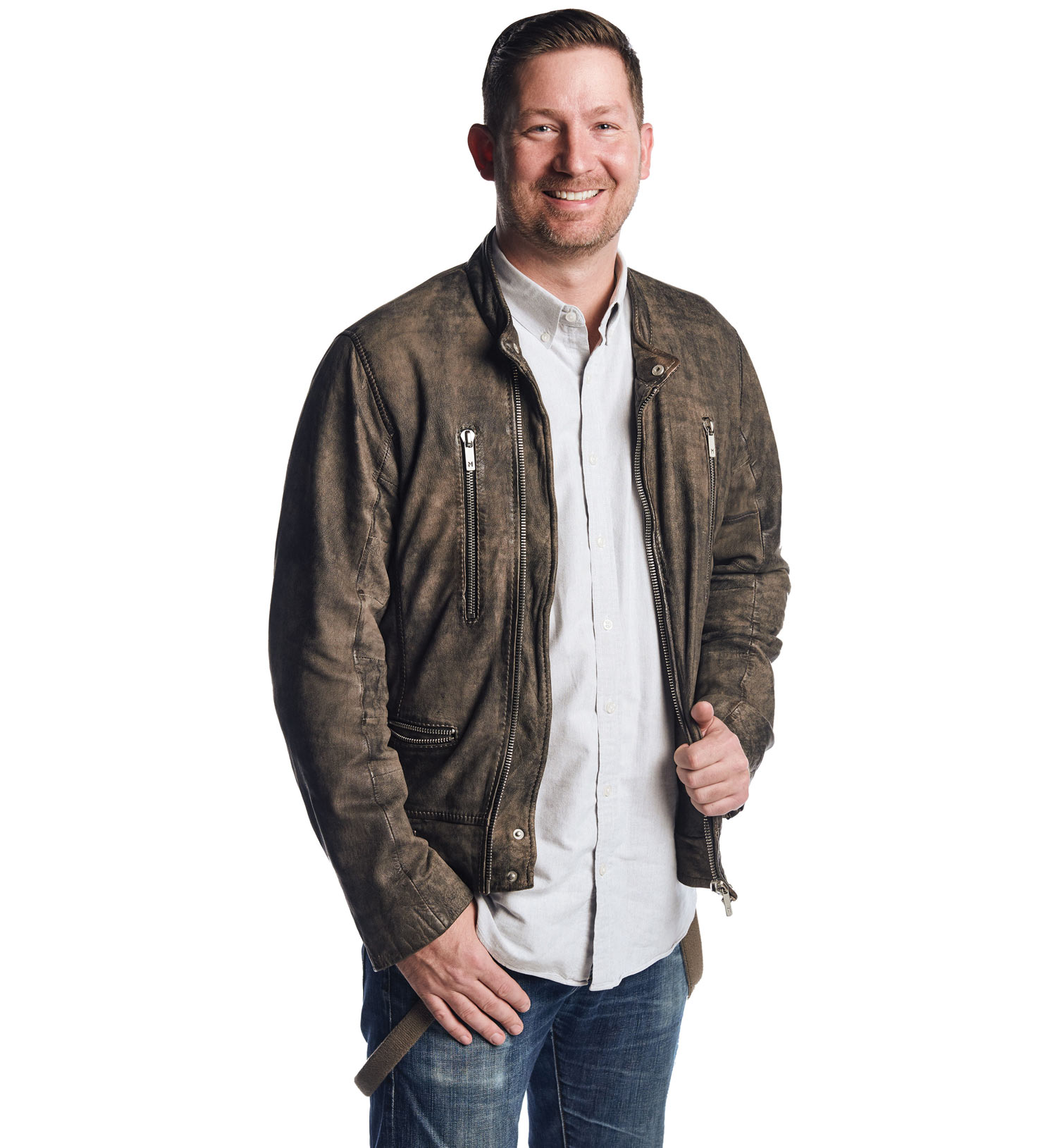 Pete Griffin is smiling Pete Griffin with leather jacket