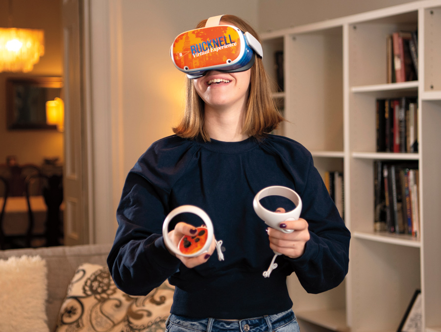 Experience Bucknell, Virtually Girl in living room experiencing Bucknell through virtual reality