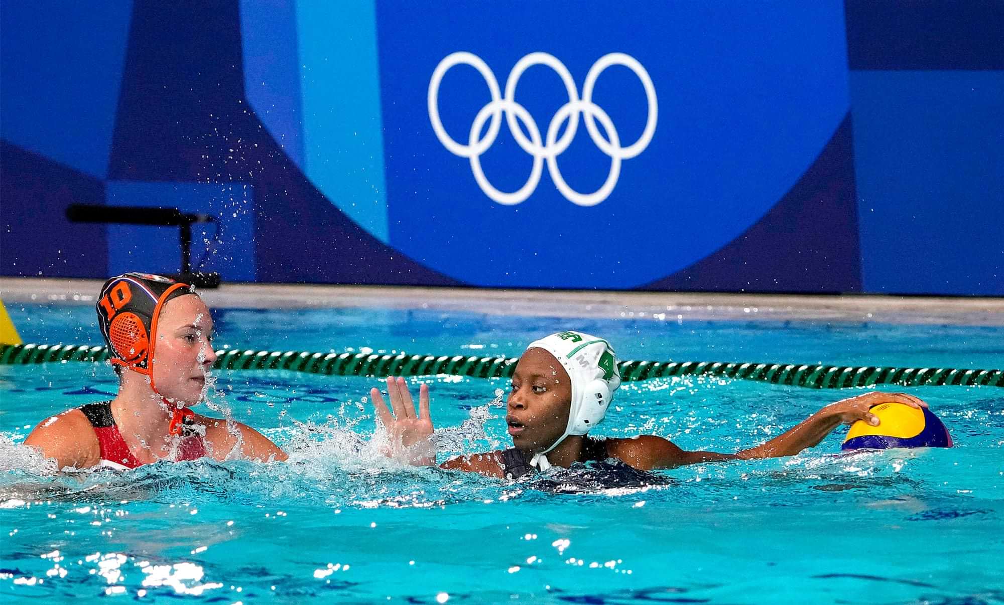 Making a Splash Bucknell’s Boati Motau ’25 (right) competes against the Netherlands in the Tokyo Olympics