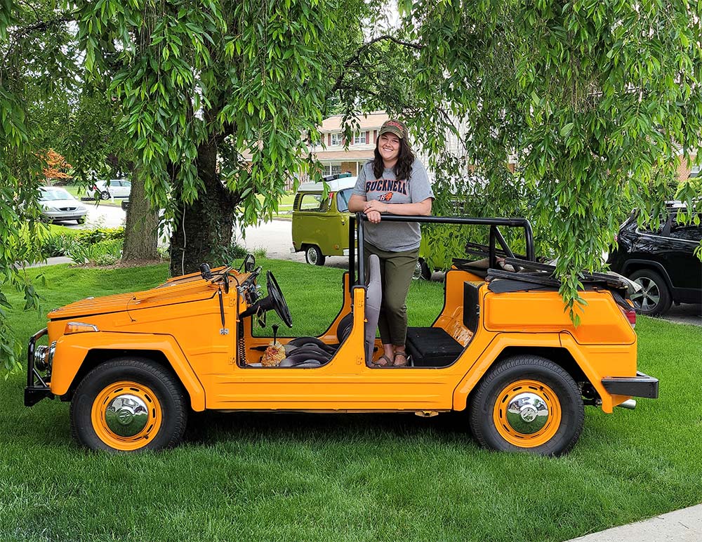 Erin Wolfe Tadich Erin Wolfe Tadich ’09 with the 47-year-old VW Thing she and her husband rent to partygoers