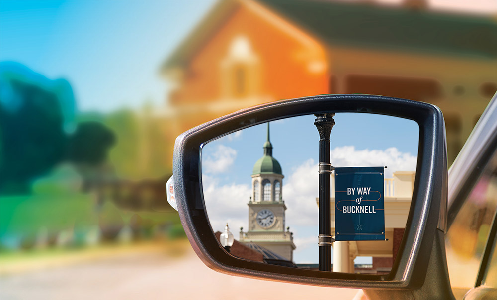 Bucknell campus tower Bucknell campus scene from the side mirror of a car