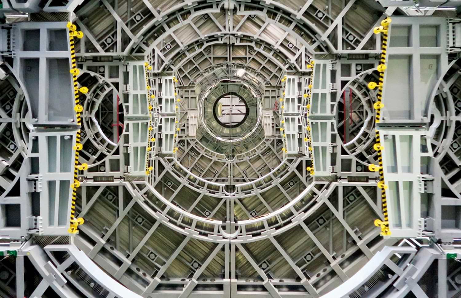 Vehicle Assembly Building inside of NASA’s Vehicle Assembly Building, looking up at the work platforms that are used to assemble the rockets