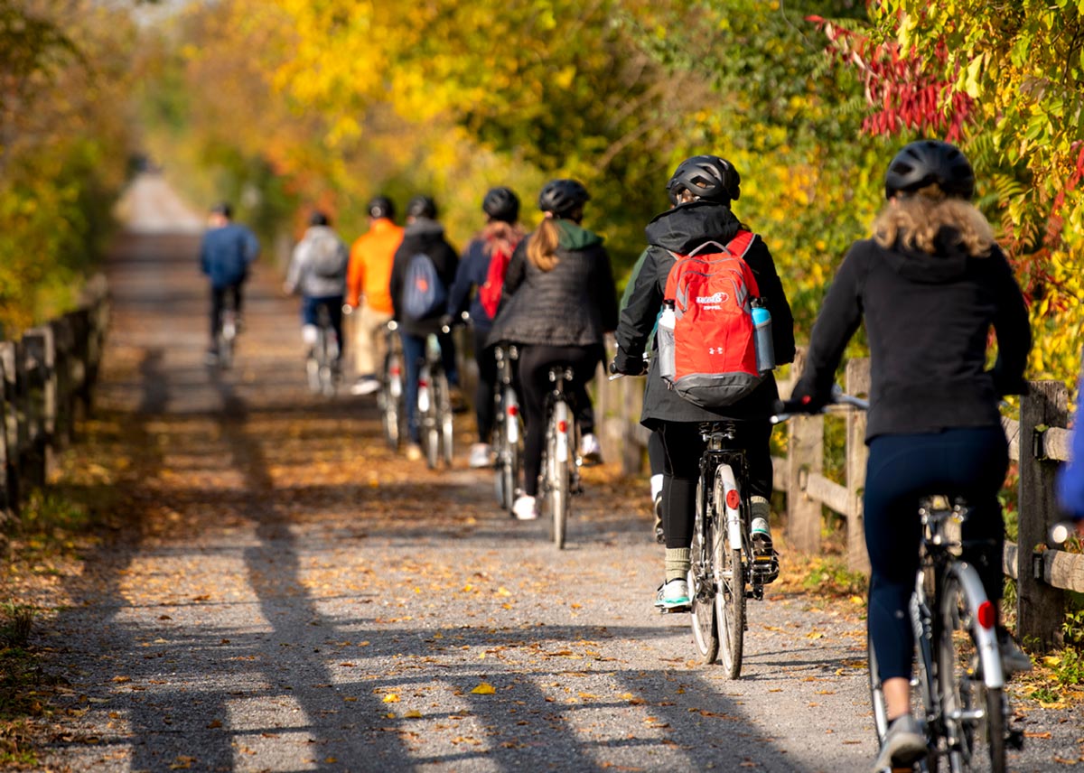 Ride the Rails a group of biker riders in a line on a fenced trail