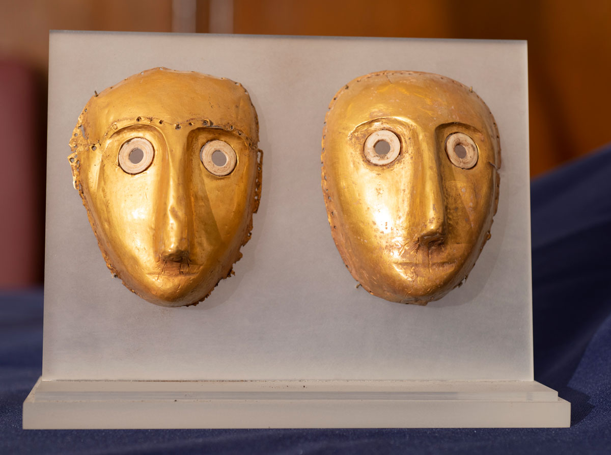 Two gold masks dating from about 5000 B.C. are valued together at $500,000