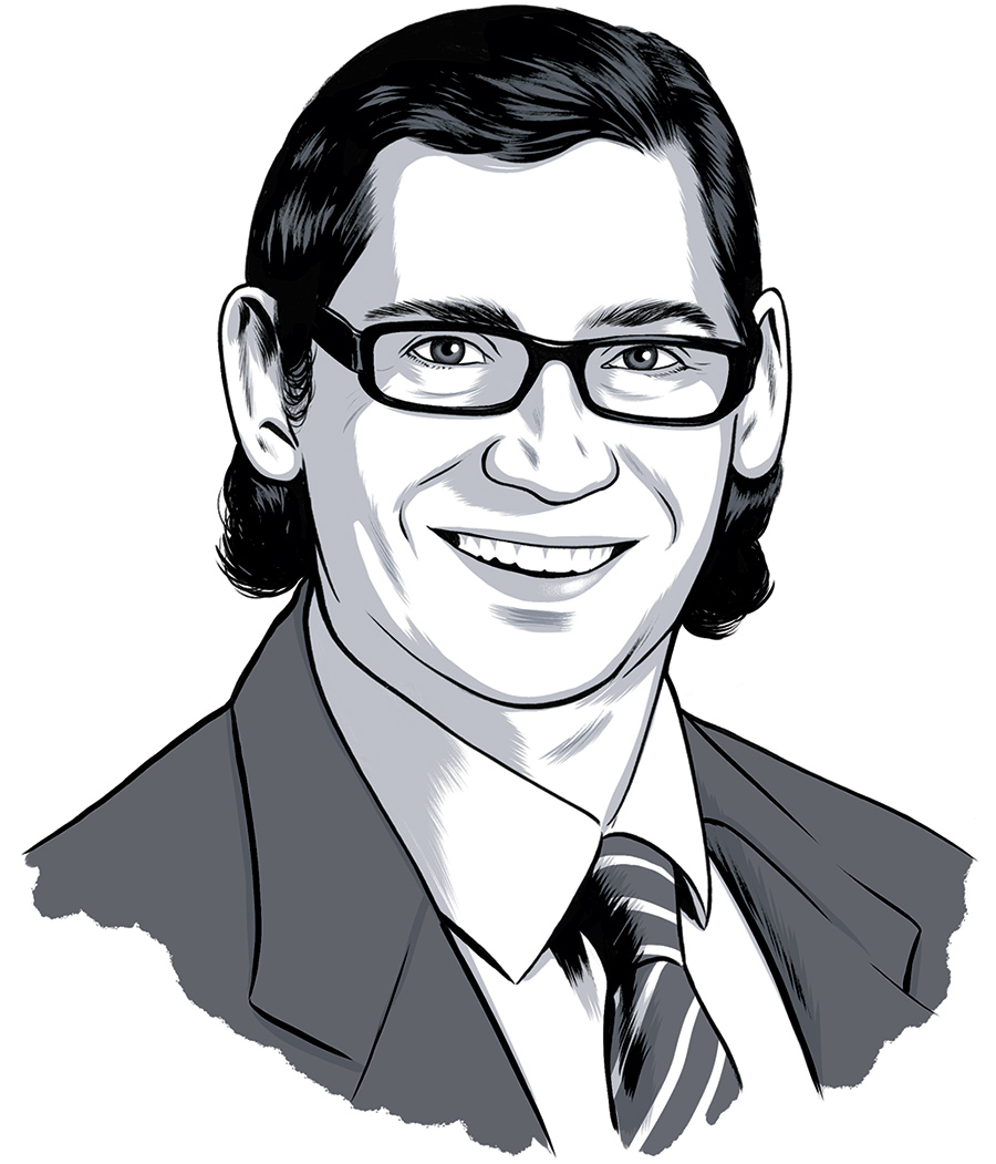 Matt Hughes Portrait illustration of editor Matt Hughes smiling