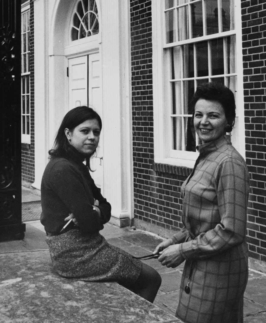 black and white photo of Zoia Horn and Assistant Reference Librarian Patricia Rom