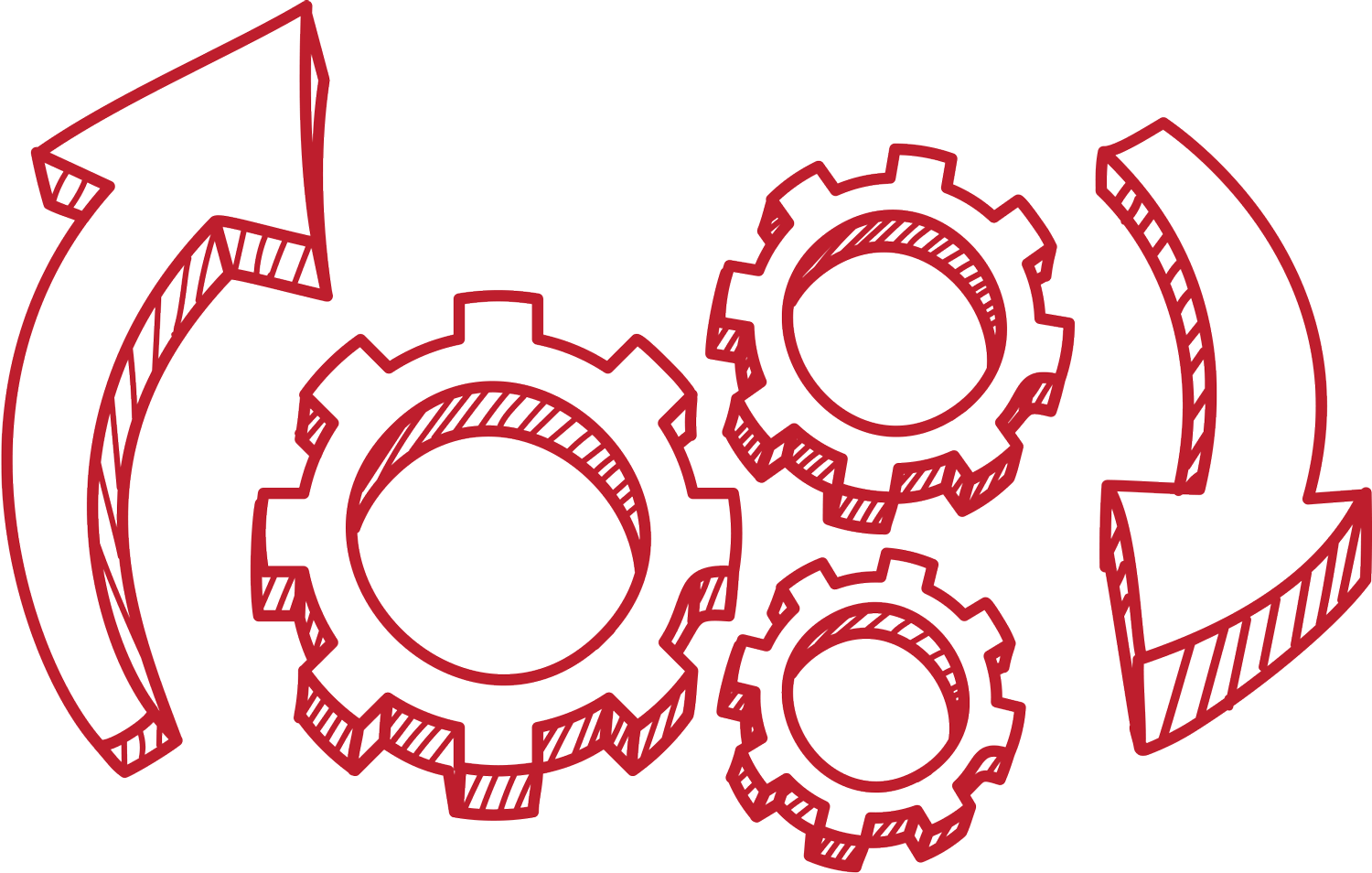 digital illustration of 3 gears with arrows on the left and right turning clockwise