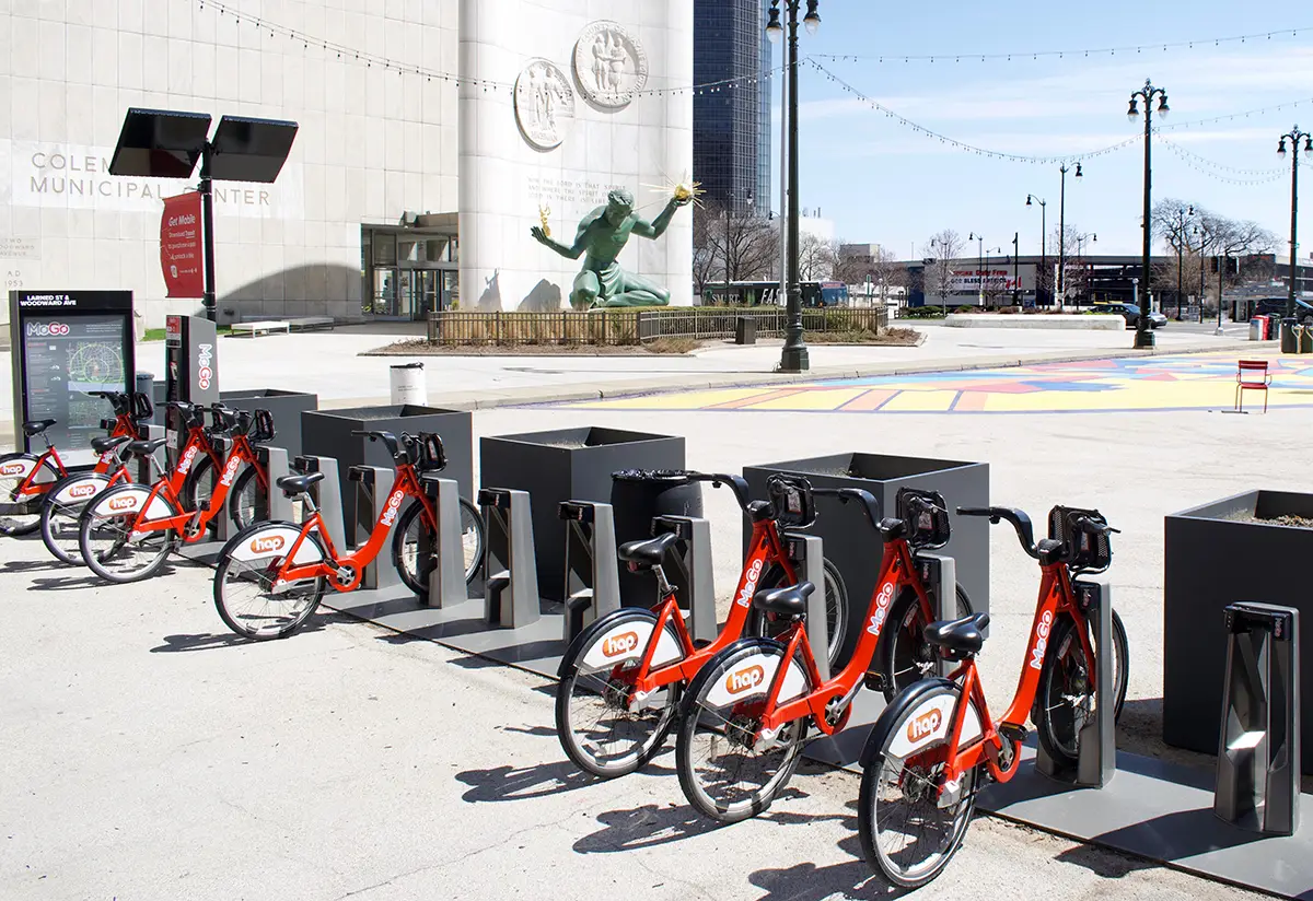 bike rack in Detroit with bikes for rent