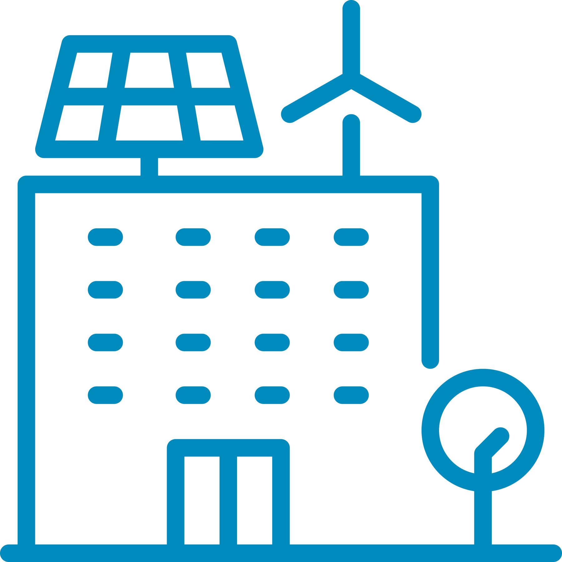 line drawing of a building with a solar panel and windmill on the roof