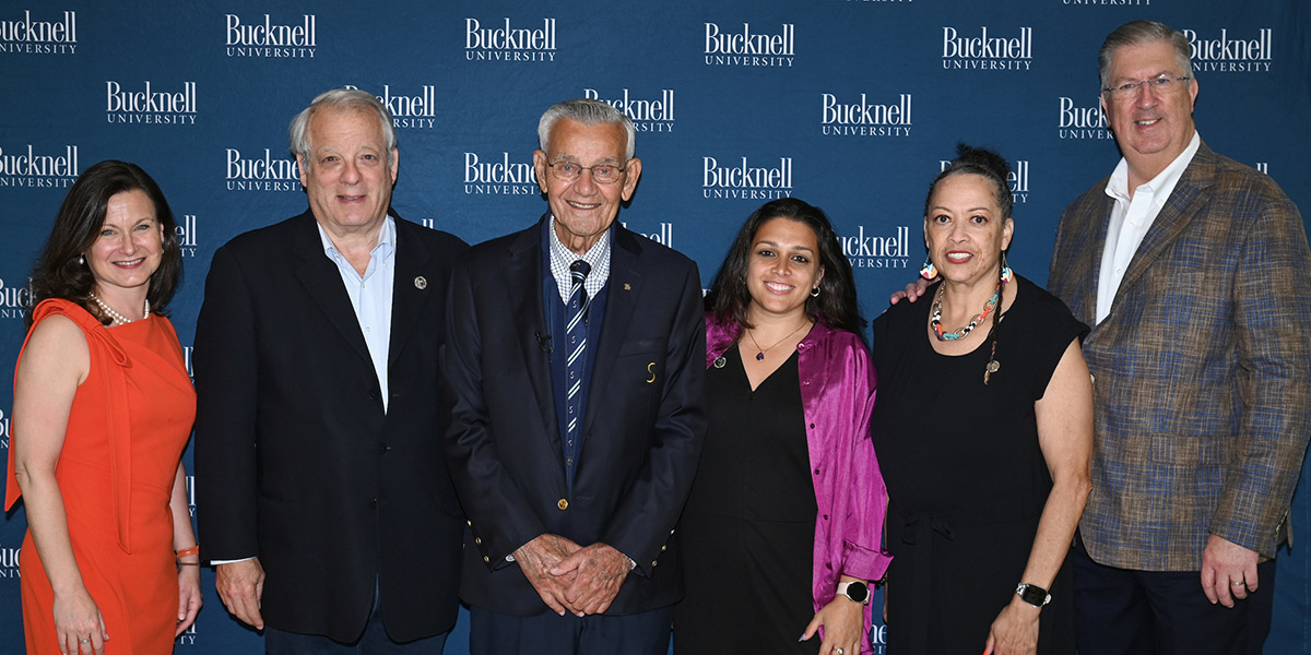 hristine Zapotoczky Kelleher ’91, president of the Alumni Association Board, Bob Drake ’73, Michael C. Pascucci ’58, P’81, P’87, G’21, G’22, Antoinette Klatzky ’08, Cynthia A. Mason-Posey ’78, and President John Bravman at reunion