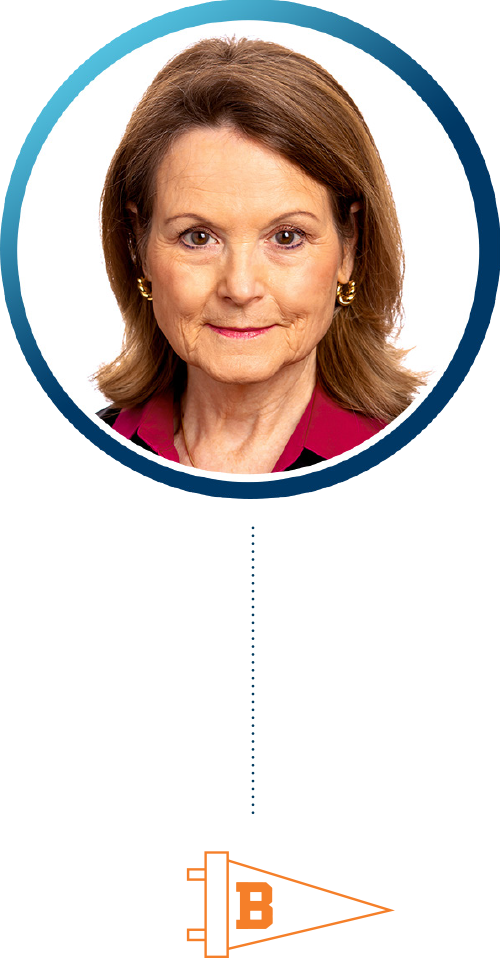 Cynthia P. Guthrie headshot with digital icon of Bucknell flag
