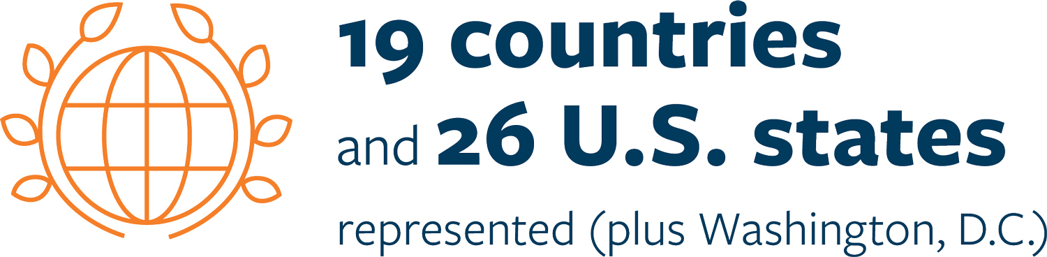 globe icon; 19 countries and 26 U.S. states represented (plus Washington, D.C.)