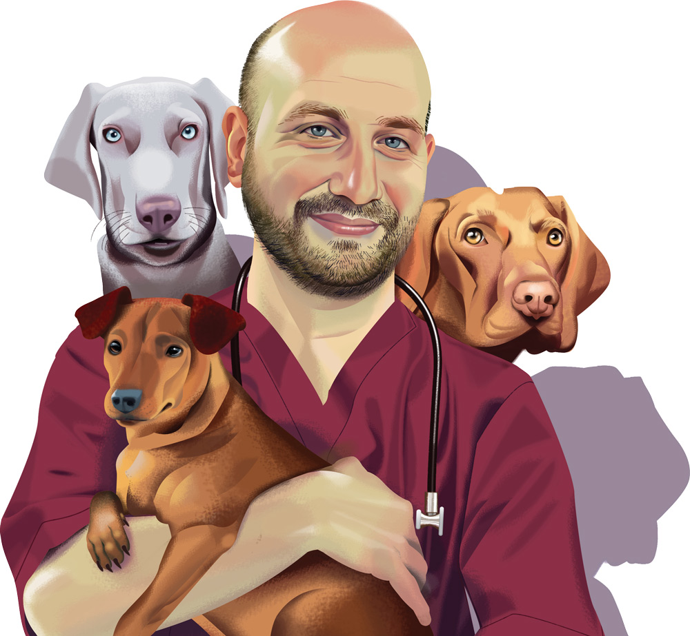 digital illustration of Erik Zager with three dogs