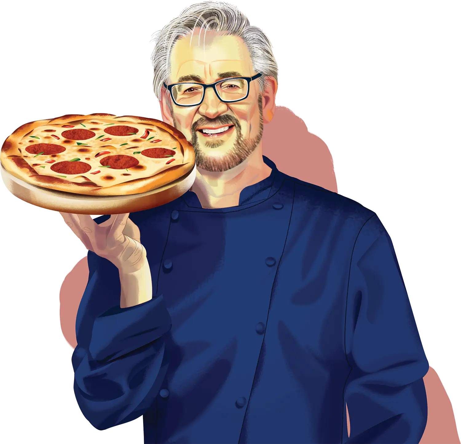 digital illustration of Michael Kalanty in a chef's coat and holding a pizza