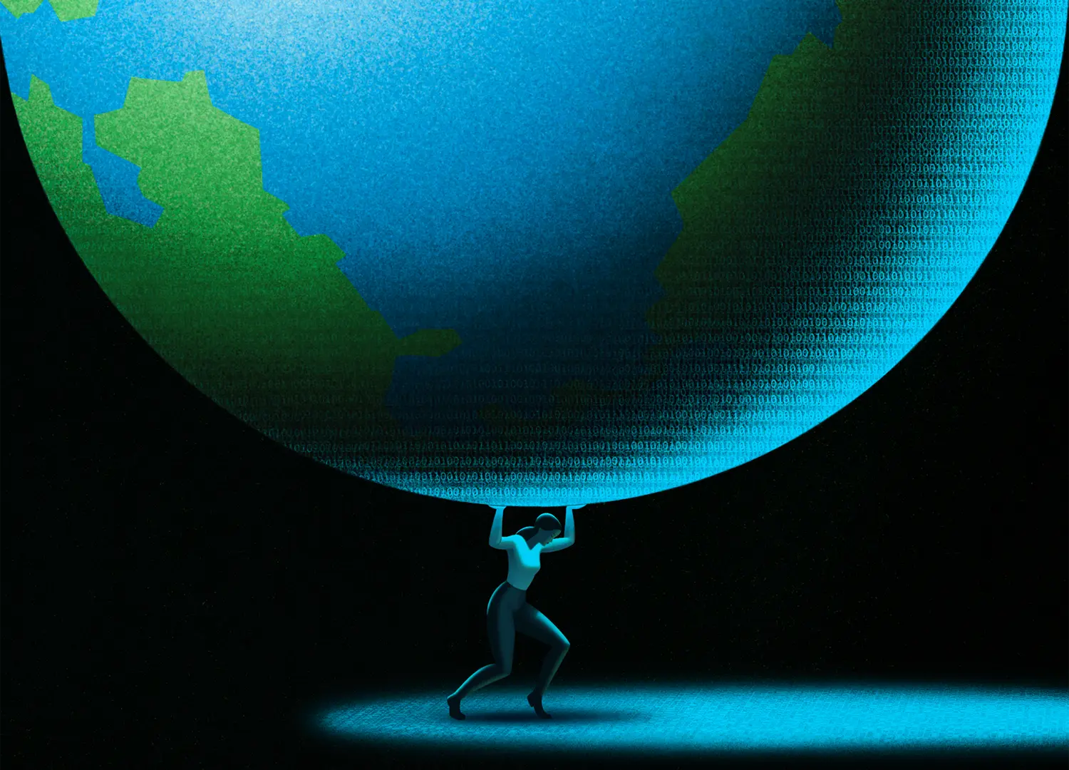 illustration of a female figure carrying the Earth overhead with some effort, the Earth's reflected cast shadow is made of blue binary numbers