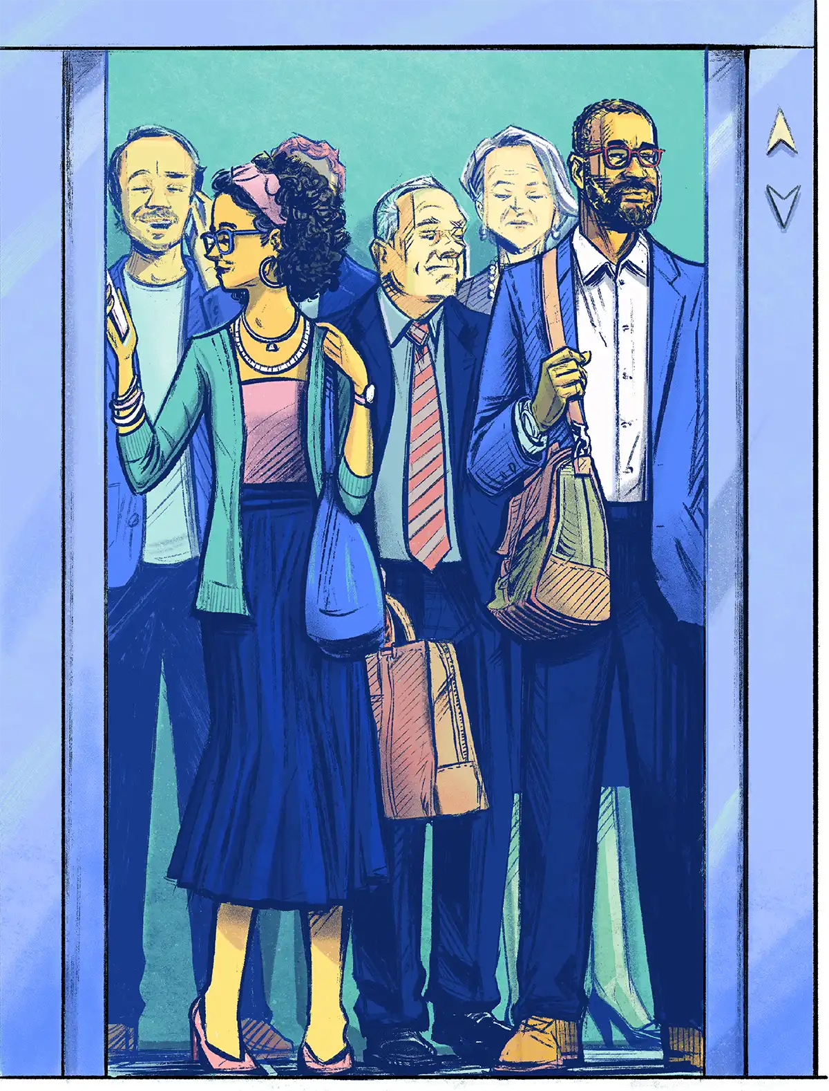 digital illustration of a woman trying to enter an elevator going up, but it's filled with people twice her size
