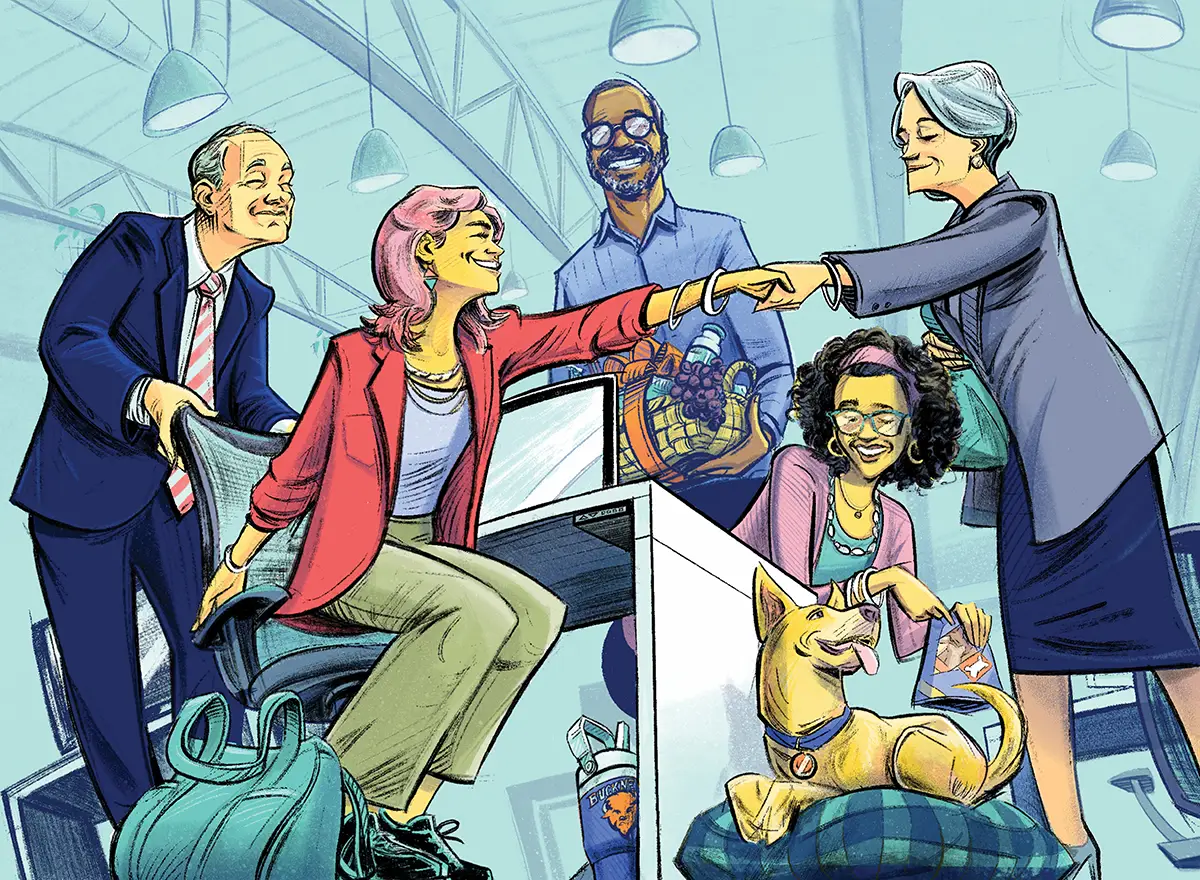 digital illustration of an office meeting where people are shaking hands and someone is giving a dog treats