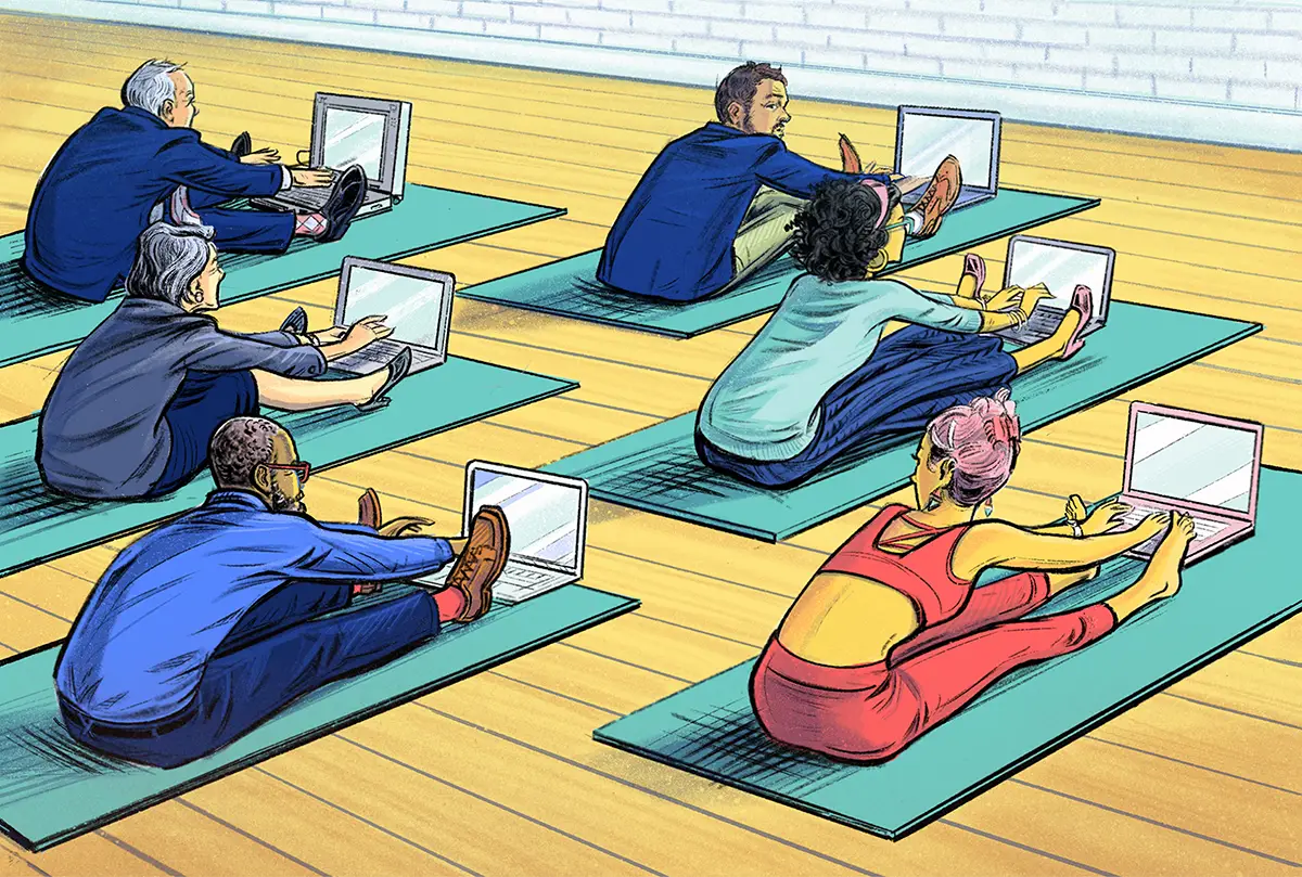 digital illustration of people doing yoga with their laptops