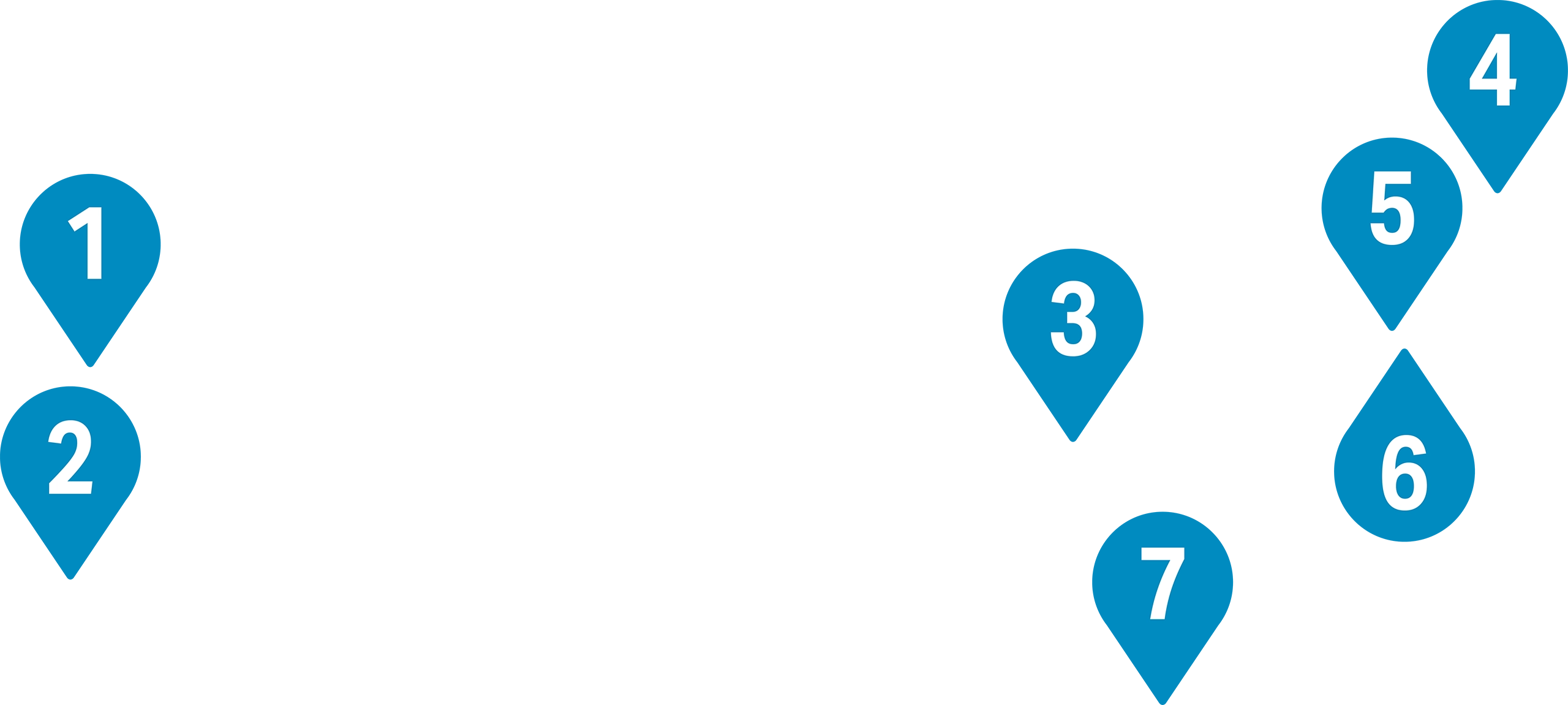 seven different location indicators on California, Nevada, Indiana, Massachusetts, New York, Delaware, and Georgia