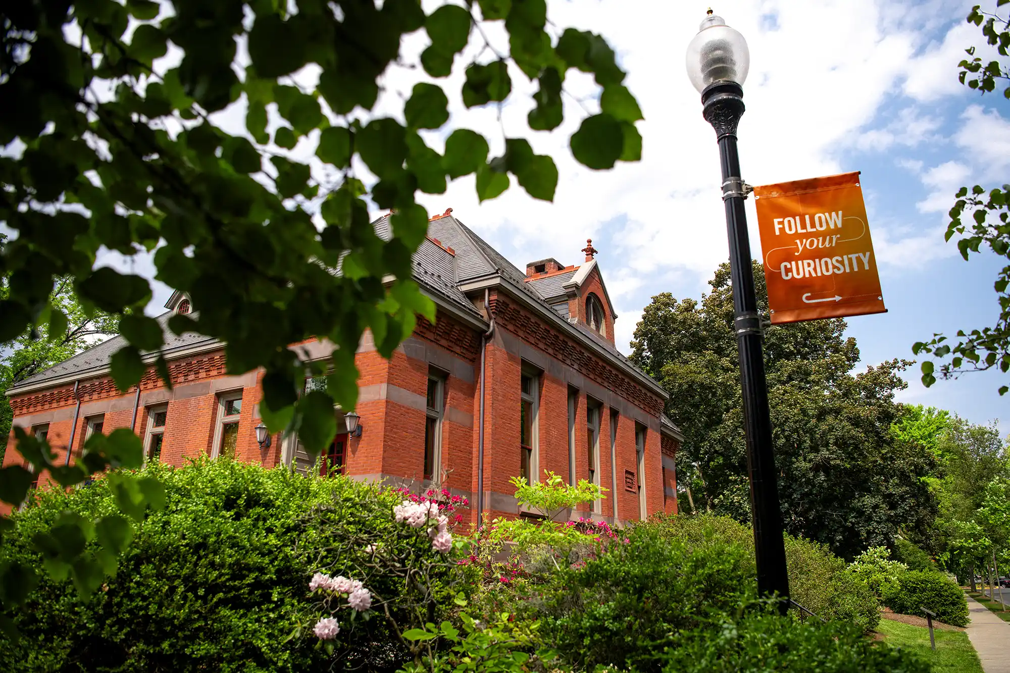 outside view of Bucknell Hall with flag in front that says Follow Your Curiosity