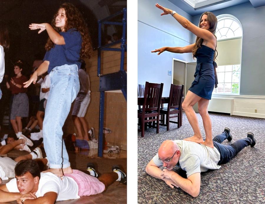 Kelley Palsa Johnston standing on Chris Curti's back like a surfboard back at their first orientation and then again at their reunion
