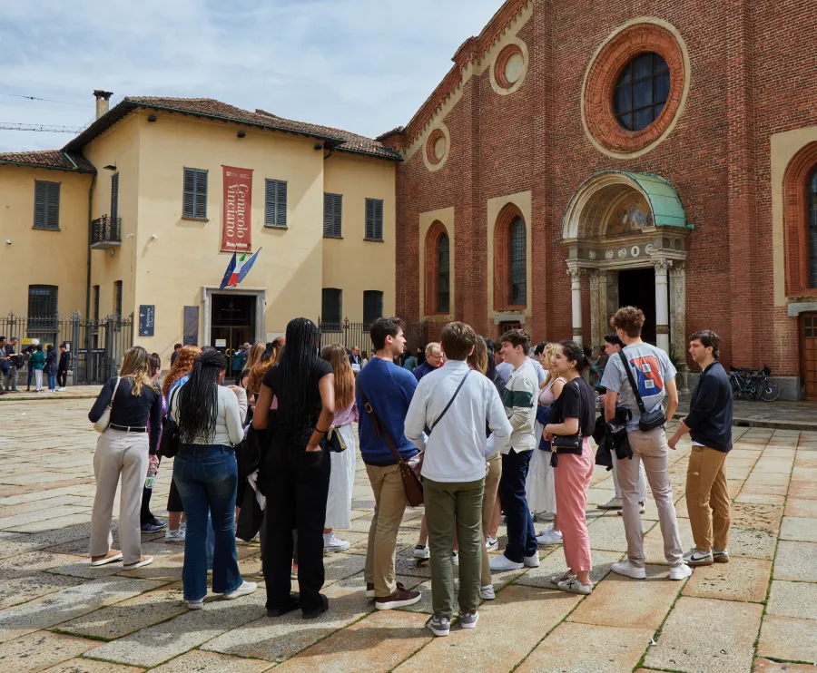 engineering students gathered outside in a plaza