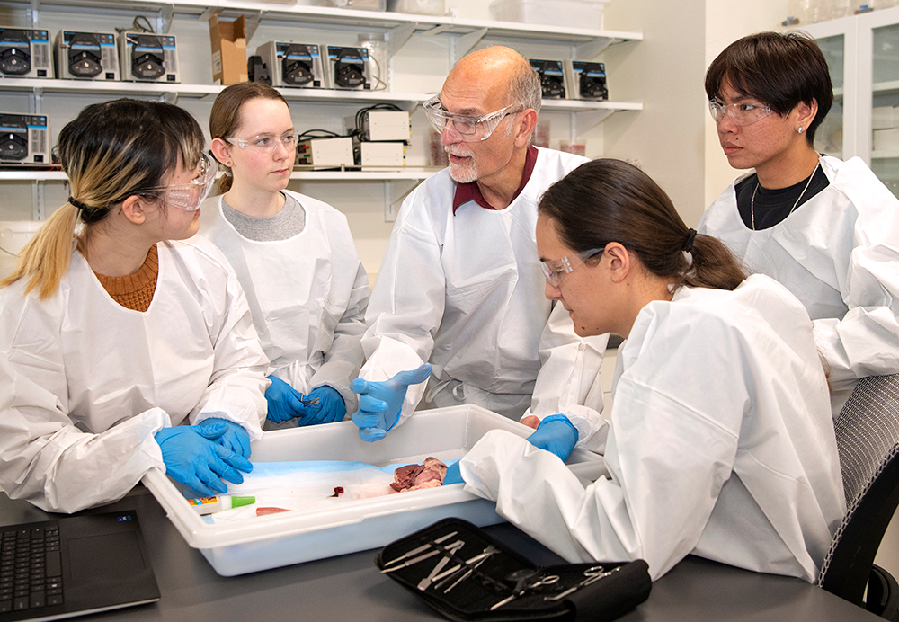 in a lab Professor Jim Baish speaks to four students as they all stand around a table during a dissection exercise, all five of them are dressed in white disposable coveralls and wearing blue latex gloves and safety glasses