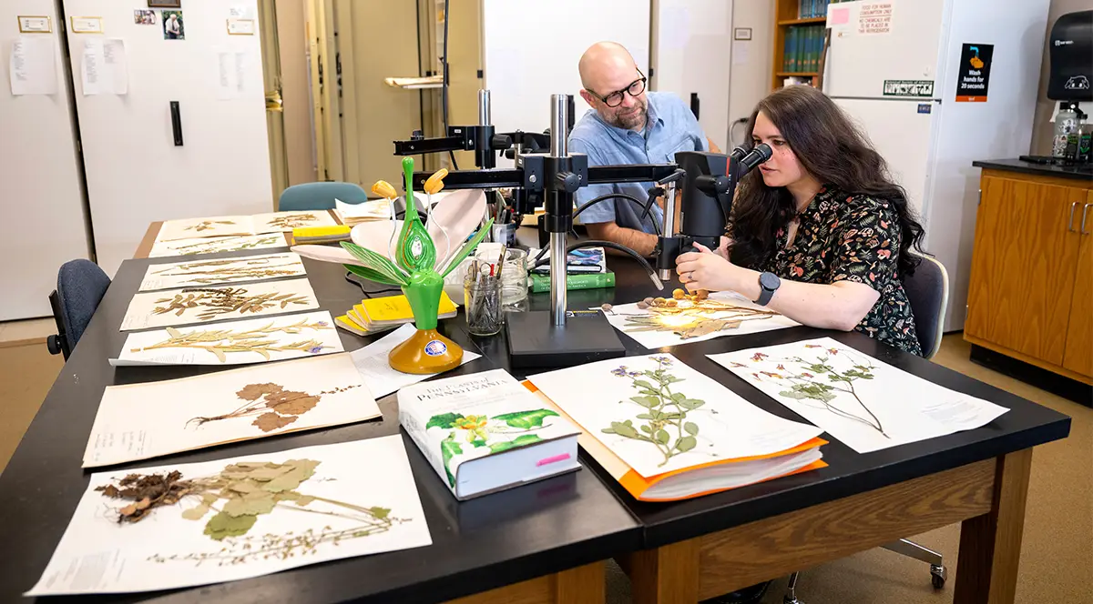 Rebecca Beneroff sitting at a lab table to examine a plant specimen with Professor Chris Martine watching