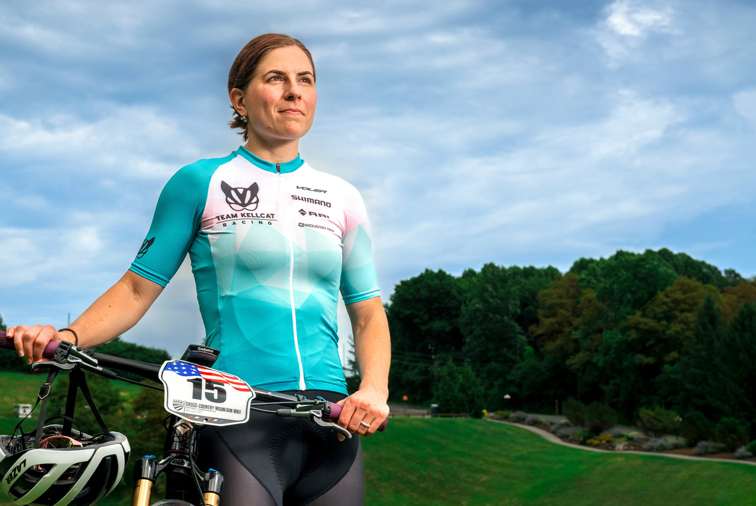 Kelly Desharnais Catale ’12, photographed with her bike, hours before winning the single-speed event at the 2024 USA Cycling Cross-Country Mountain Bike National Championships