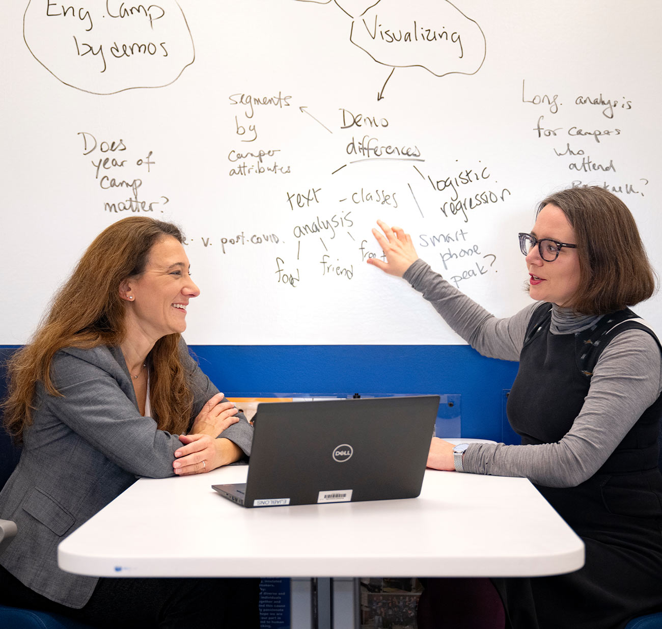 Erin Jablonski (left) and Kelly McConville sit at a table in front of a laptop and whiteboard, smiling in discussion