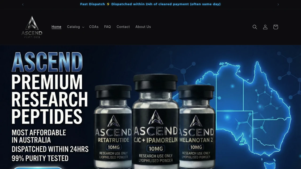 Screenshot of Ascend Peptides website