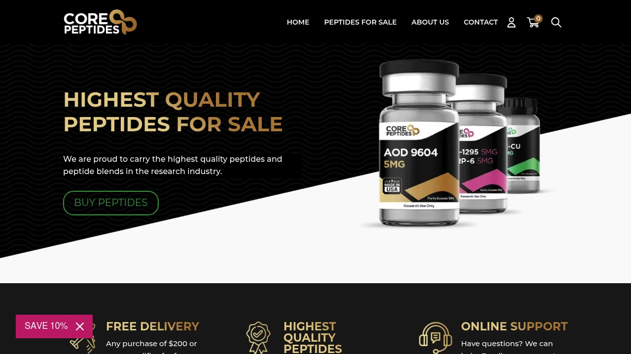 Screenshot of Core Peptides website