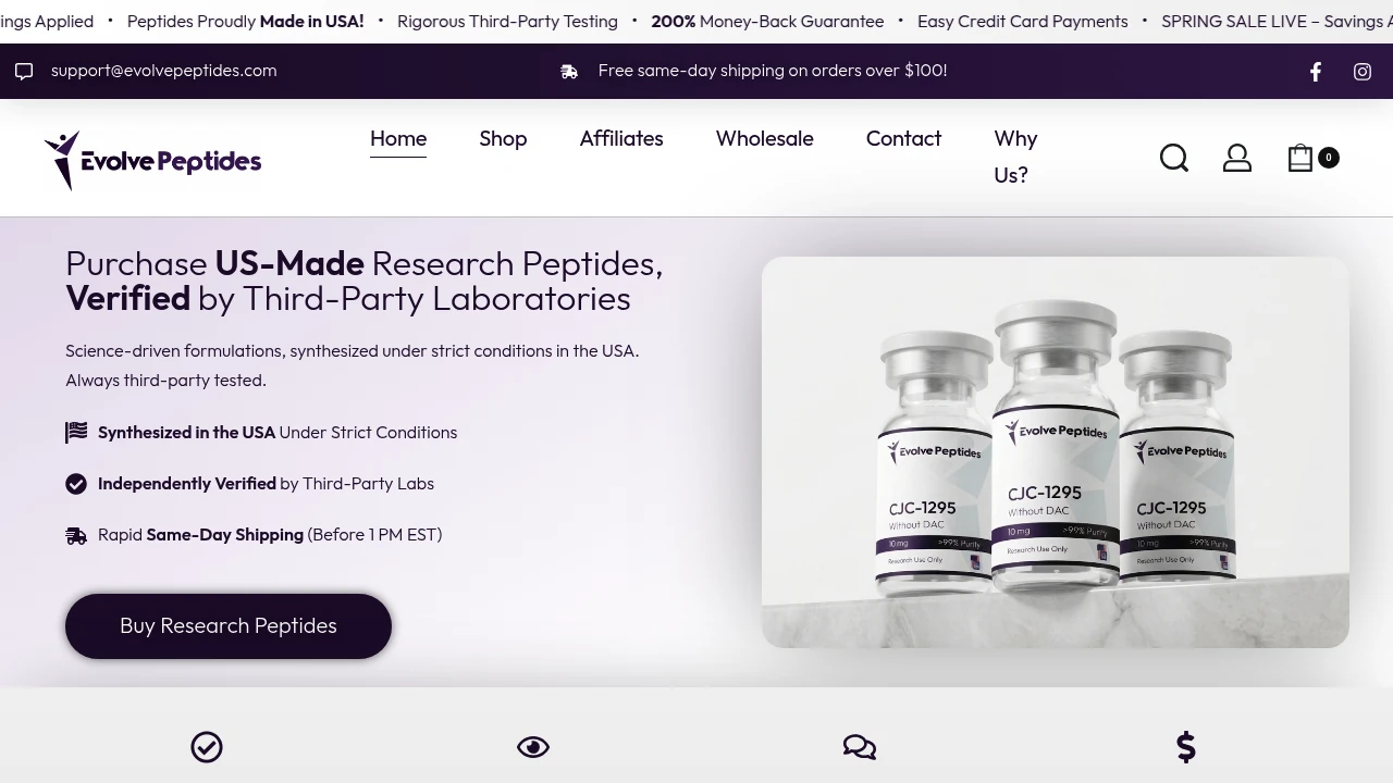 Screenshot of Evolve Peptides website