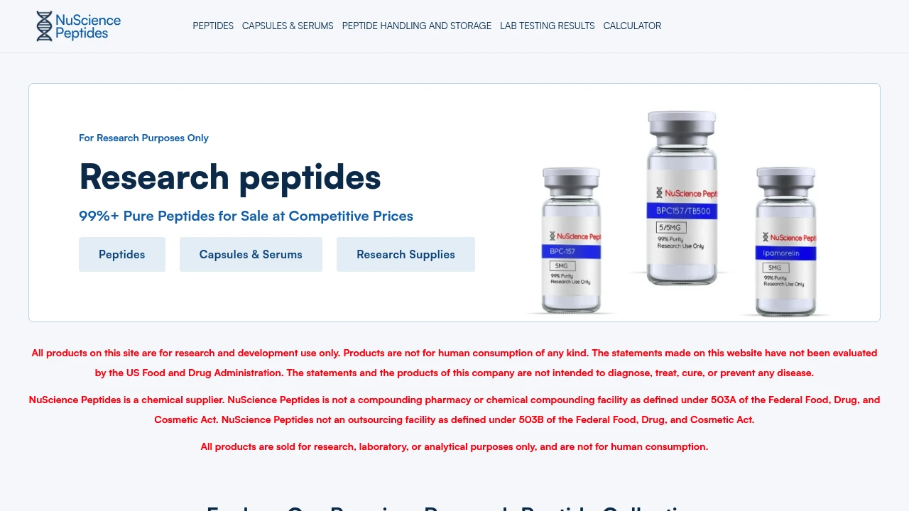 Screenshot of Nuscience Peptides website