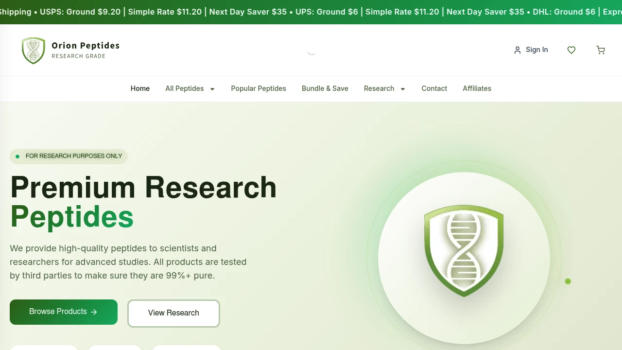Screenshot of Orion Peptides Org website