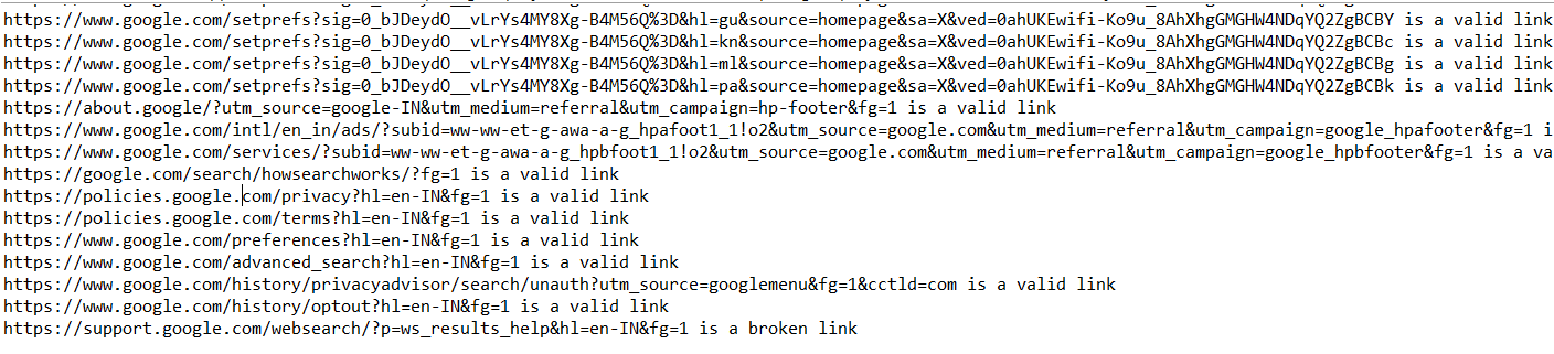 Output - Find Broken Links in the Selenium WebDriver