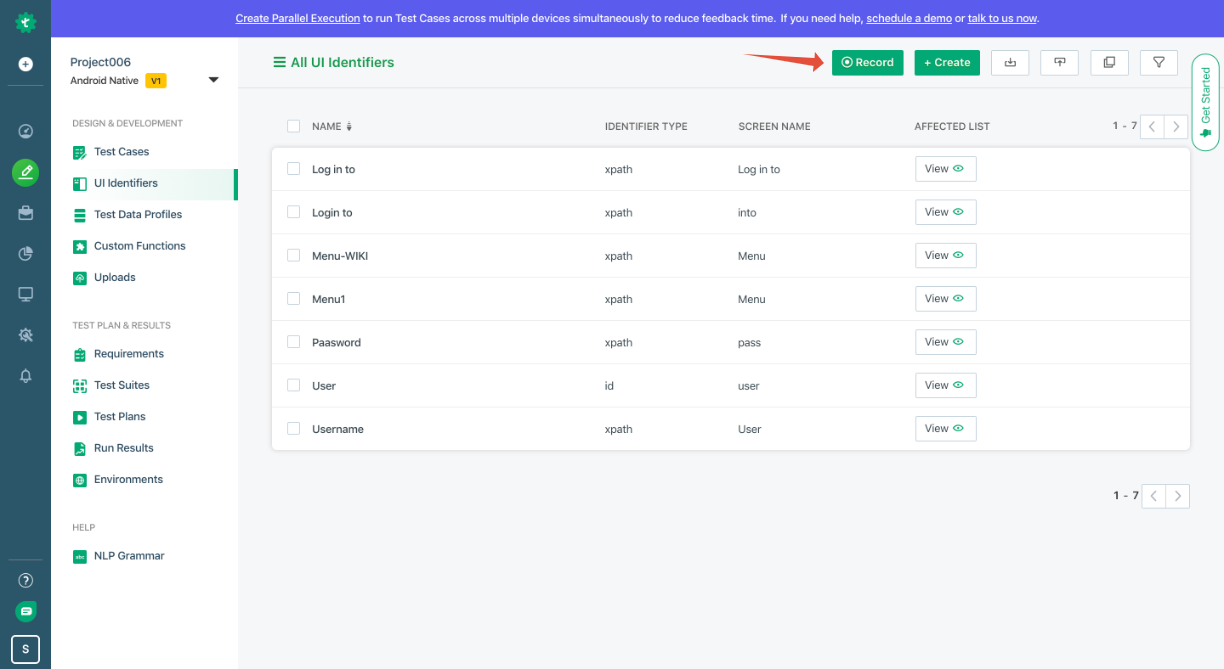 Integration Testing-recorder option to record the UI Identifiers