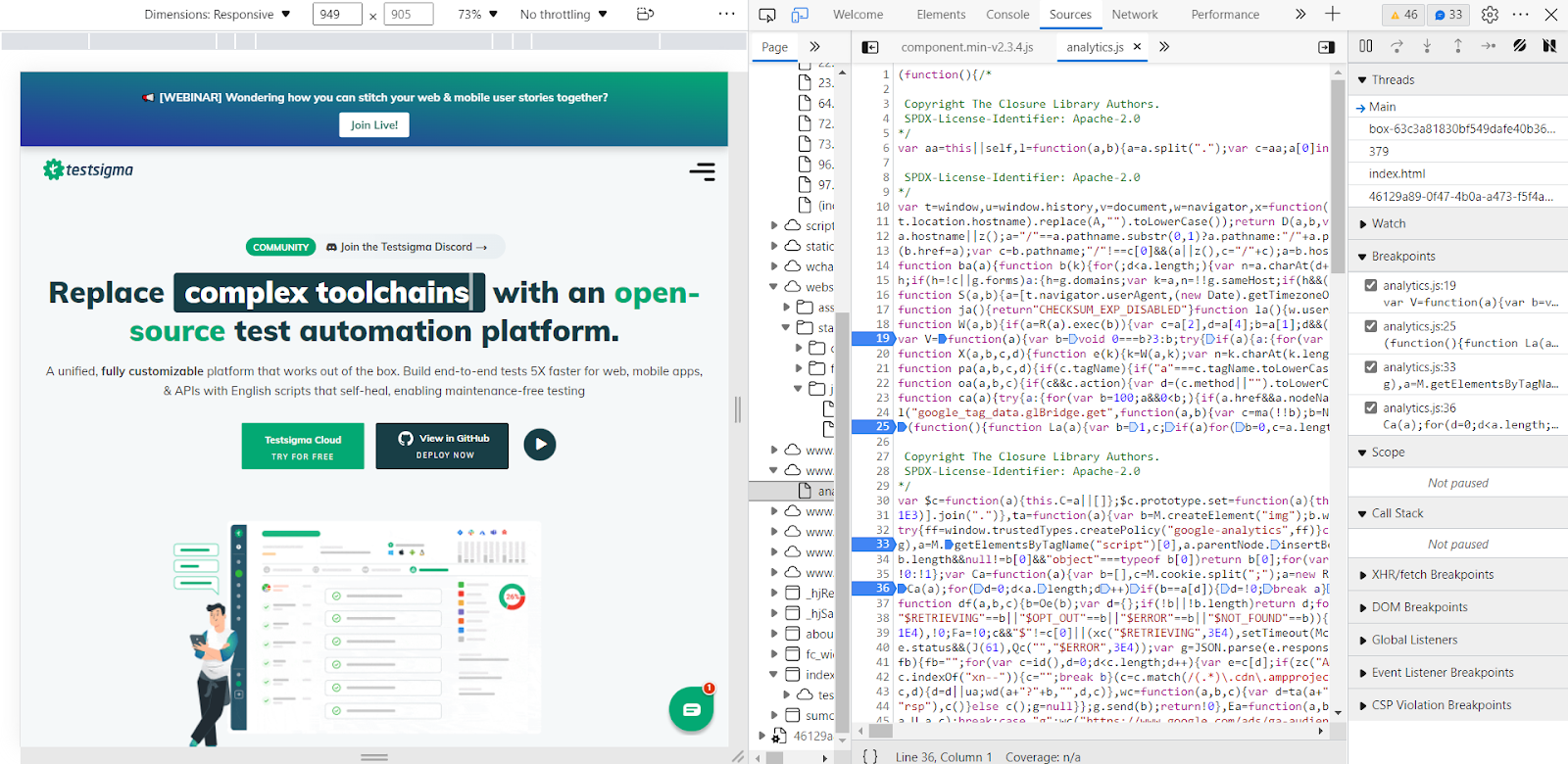 inspect elements: Setting Breakpoints in the JavaScript