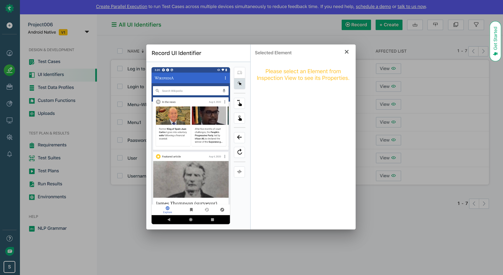 Integration Testing-click on the Record button to start the inspector