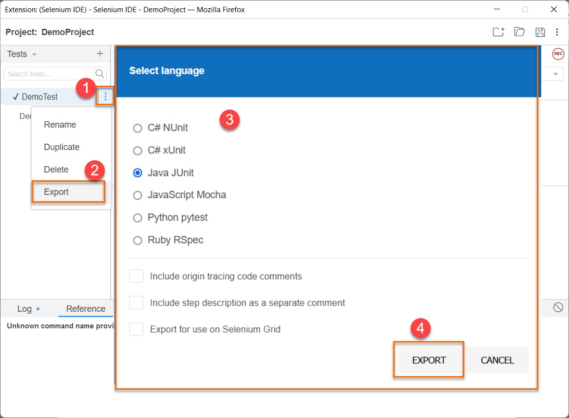 Convert Selenium IDE command