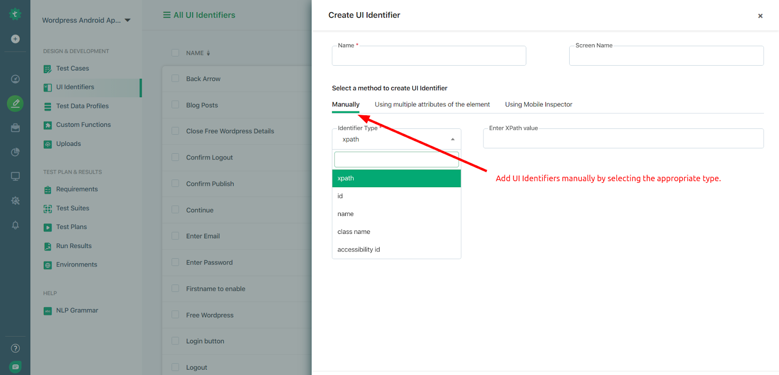 Create UI Identifier - select the appropriate type