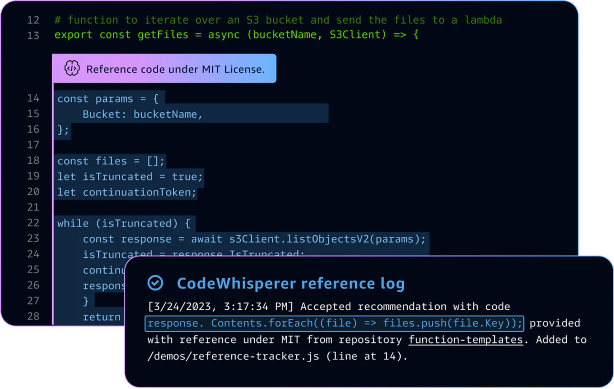 Amazon CodeWhisperer provides references when making code suggestions.